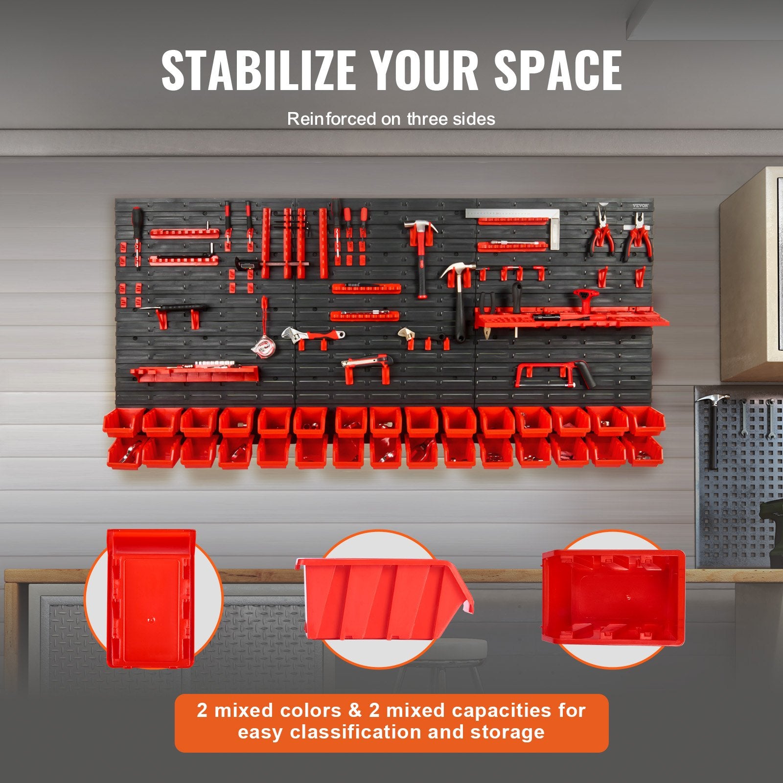 VEVOR Wall Mounted Storage Bins, 30-Bin Parts Rack Organizer Garage Plastic Shop Tool With Wall Panels Tool Holders Hooks, Tool Organizer For Nuts, Bolts, Screws, Nails, Beads, Buttons, Black And Red