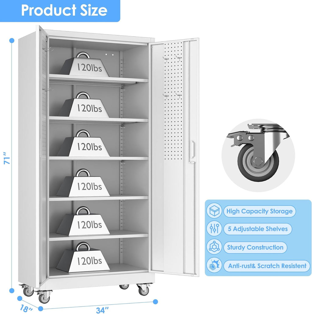Garage Storage Cabinet With Wheels & Pegboard, Locking Metal Storage Cabinet With 2 Doors And 5 Adjustable Shelves For Garage Workshop Home, White, Assembly Required