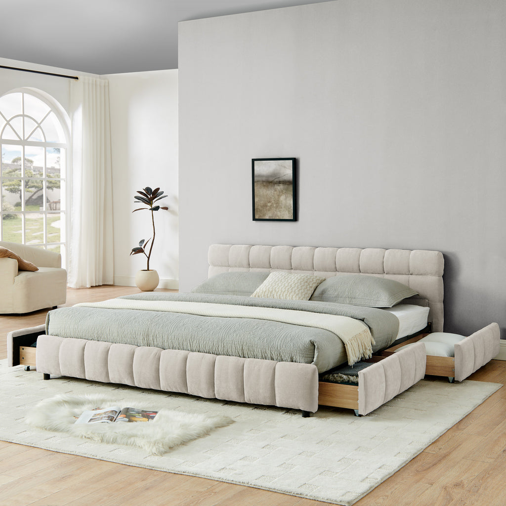 King Size Upholstered Bed ,comfortable Upholstered Bed Frame, Chenille Fabric, With Headboard And Solid Bed Frame. With Drawer For Storage.-Beige 88.5x85.5x31
