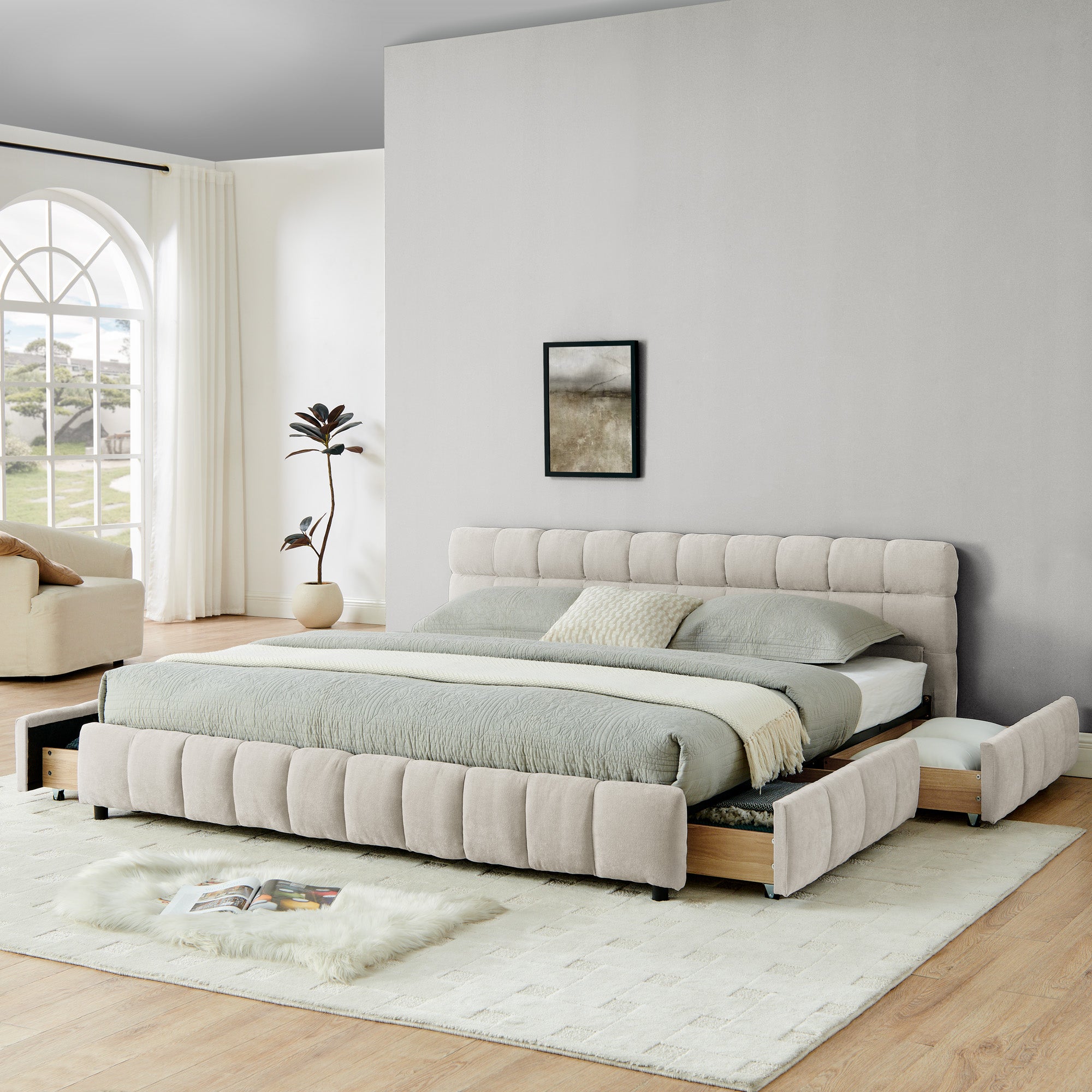 King Size Upholstered Bed ,comfortable Upholstered Bed Frame, Chenille Fabric, With Headboard And Solid Bed Frame. With Drawer For Storage.-Beige 88.5x85.5x31