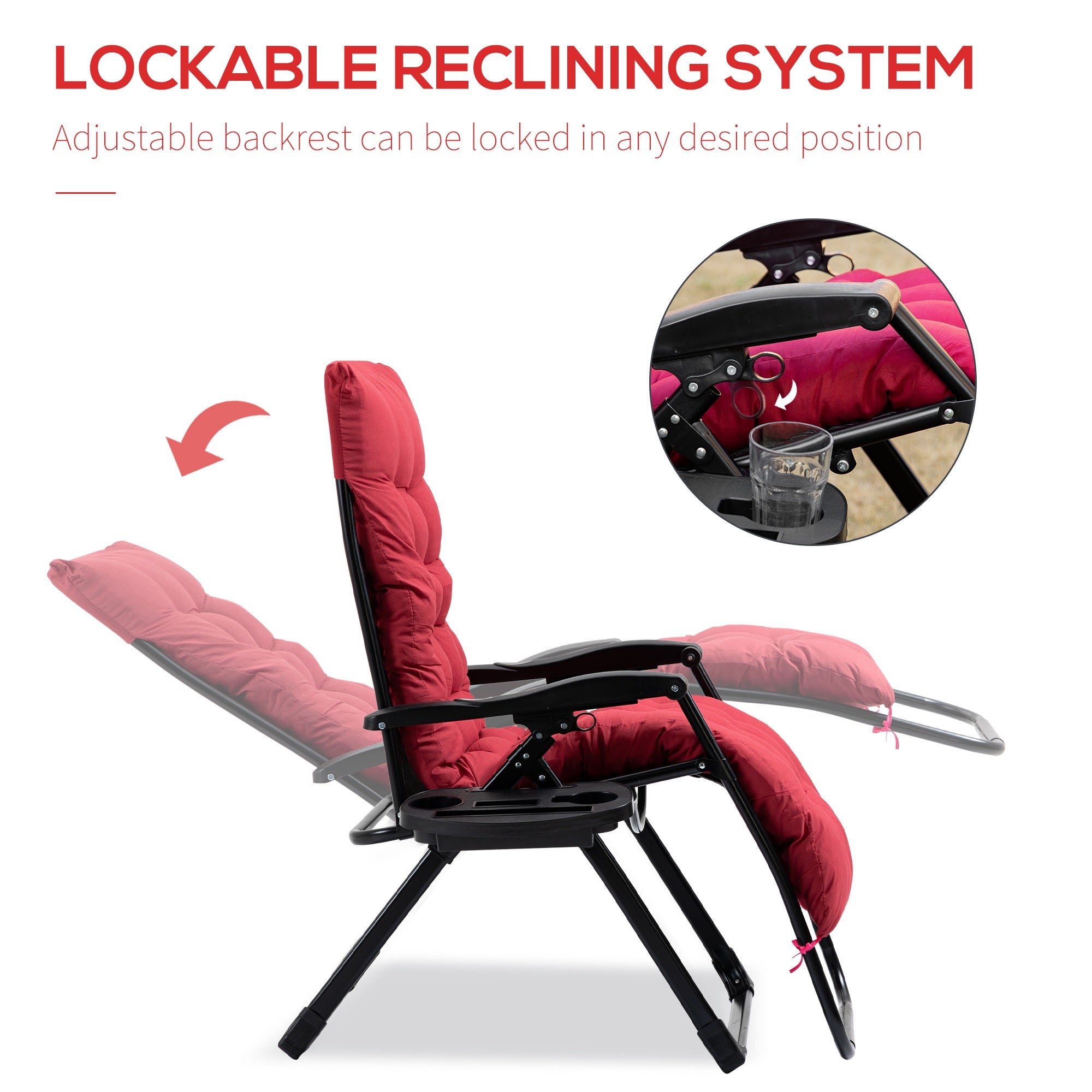 Padded Zero Gravity Chair, Folding Recliner Chair With Cup Holder Cushion, Red