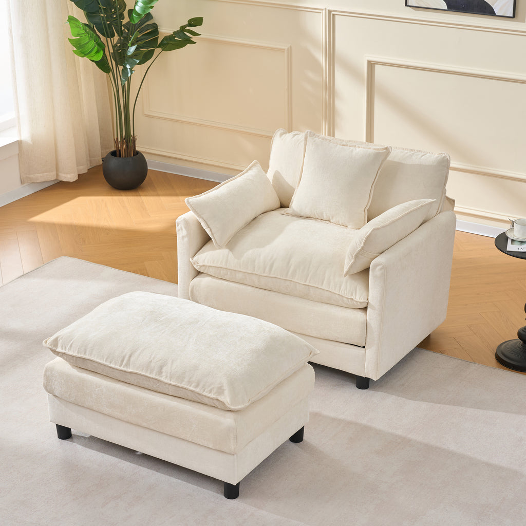 39.4  Modern Accent Chair With Ottoman, Living Room Club Chair Chenille Upholstered Armchair , Reading Chair For Bedroom, Beige Chenille