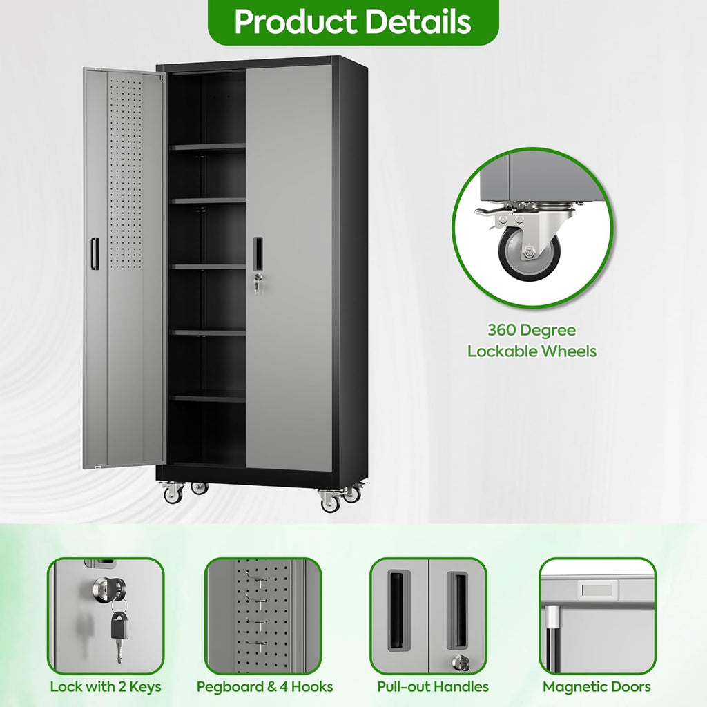 Garage Storage Cabinet With Pegboard And 5 Adjustable Shelves, Metal Lockable Cabinet With Magnetic Doors,Tool Storage,Home Office Garage,Gym,School Black-Grey