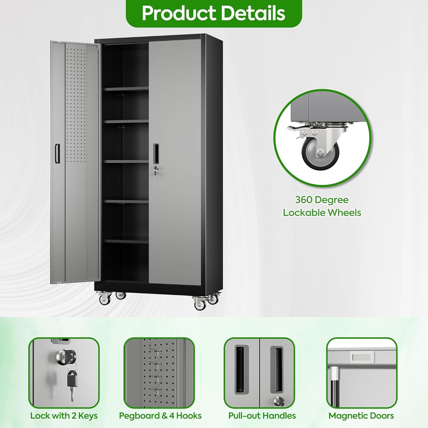 Garage Storage Cabinet With Pegboard And 5 Adjustable Shelves, Metal Lockable Cabinet With Magnetic Doors,Tool Storage,Home Office Garage,Gym,School Black-Grey