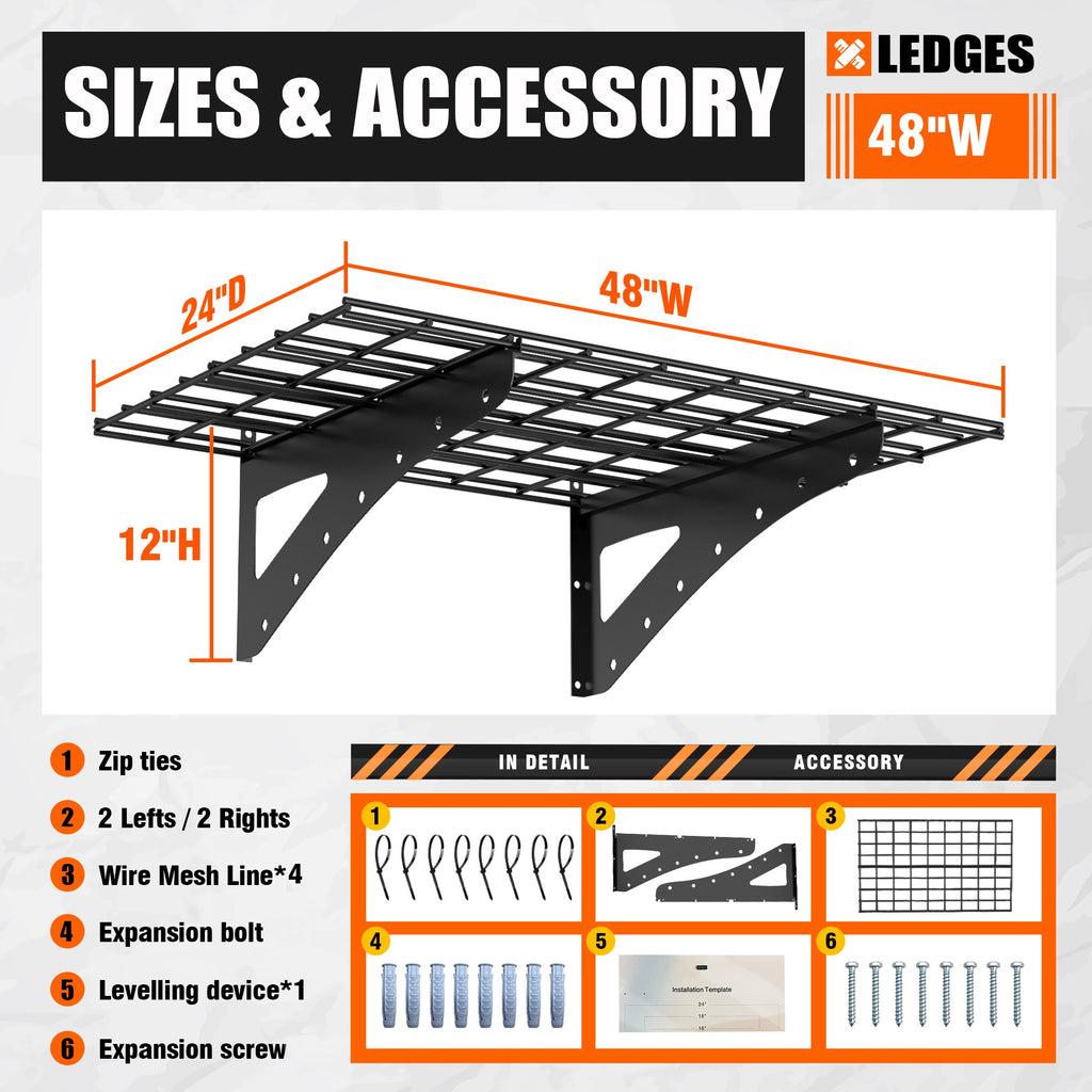 24X48 Inch Wall Mounted Garage Wall Mounted Shelf, Supermarket Storage Rack, Black, 2-piece Set