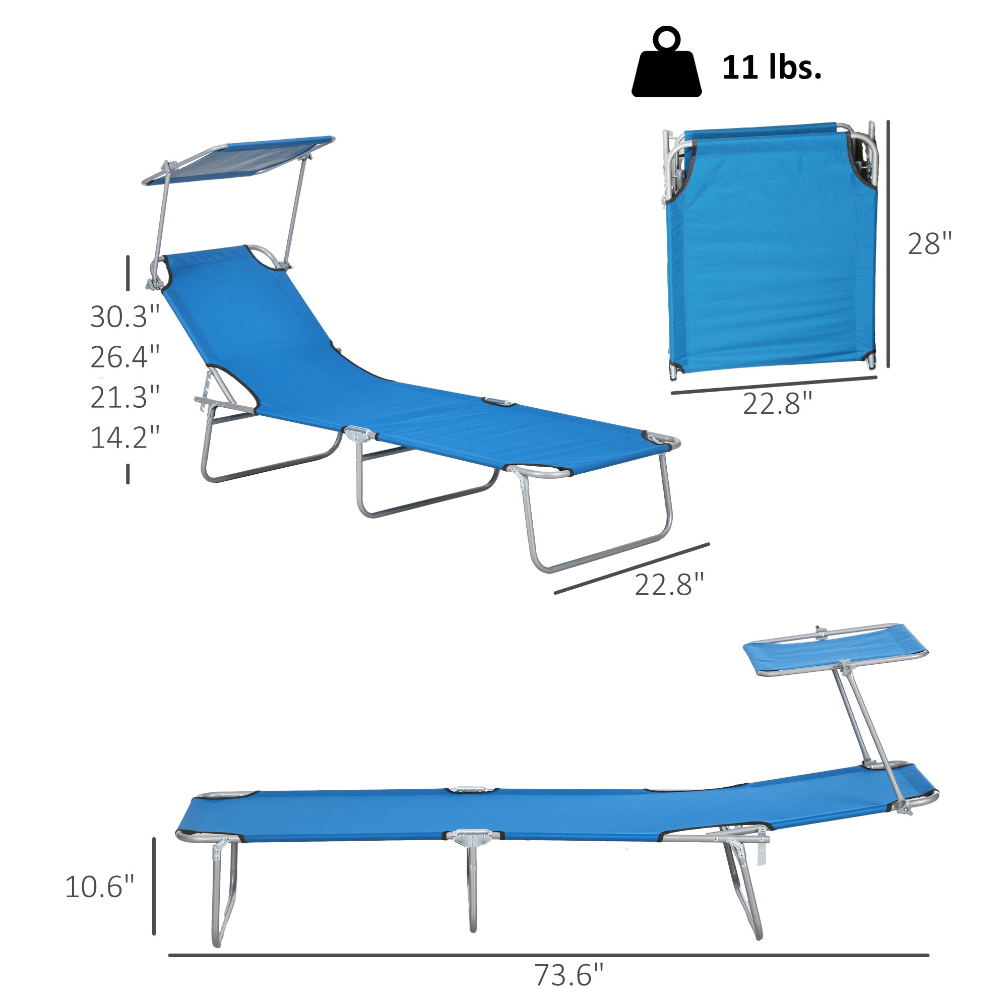 Outdoor Pool Chaise Lounge Chair, Folding Tanning Chair With Sun Shade, Blue