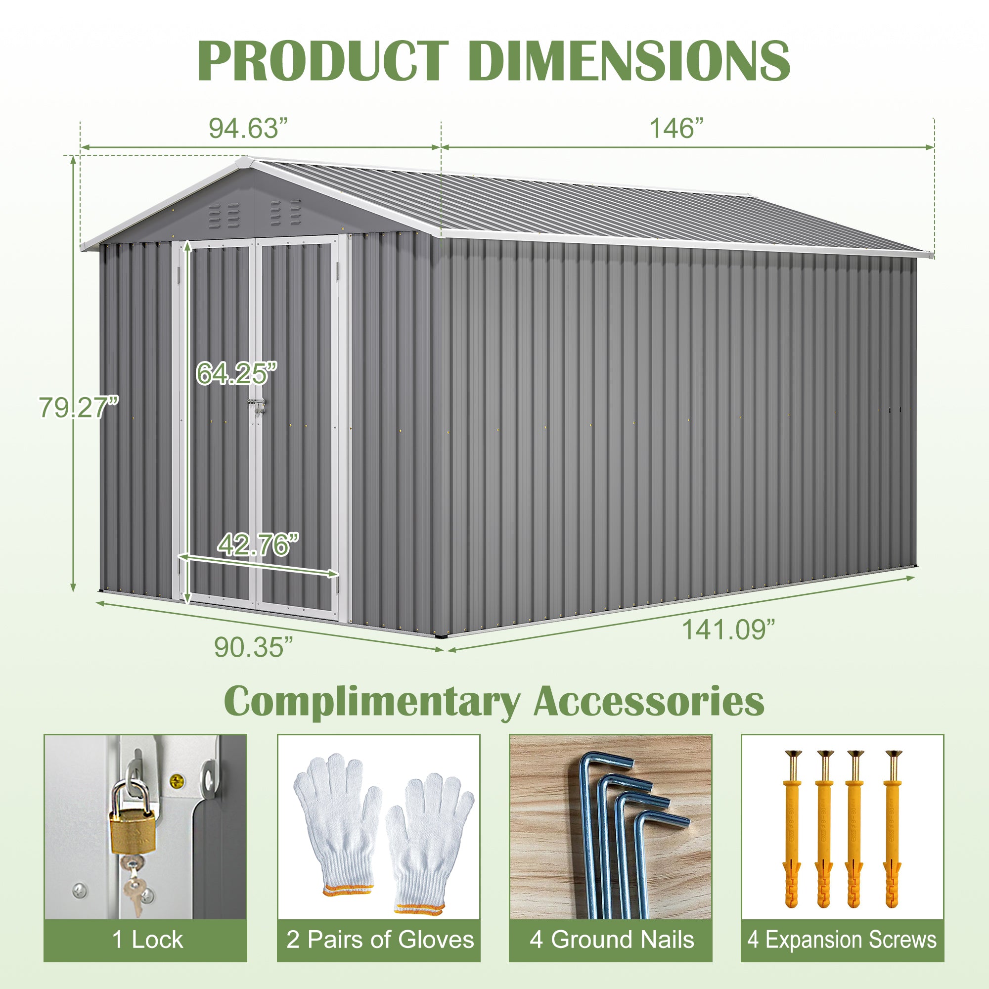 8 X 12 FT Outdoor Storage Shed, Large Metal Tool Storage With Aluminium Frame And Lockable Doors, Storage For Backyard Garden Patio Lawn, Grey