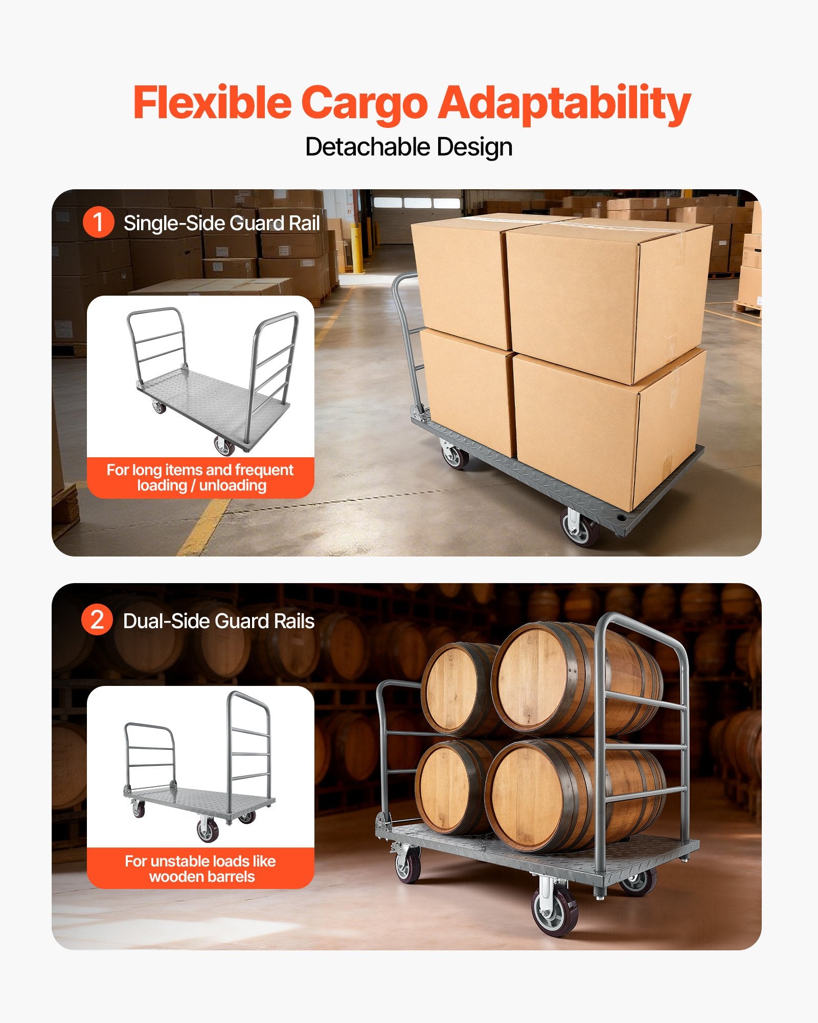 Platform Truck, 2650 Lbs Capacity, Heavy Duty Flatbed Cart Dolly With Detachable Guardrail And Swivel Wheels, Foldable Hand Push Truck Cart, For Groceries, Garage, Warehouse, 48 X 24 X 36.2 In