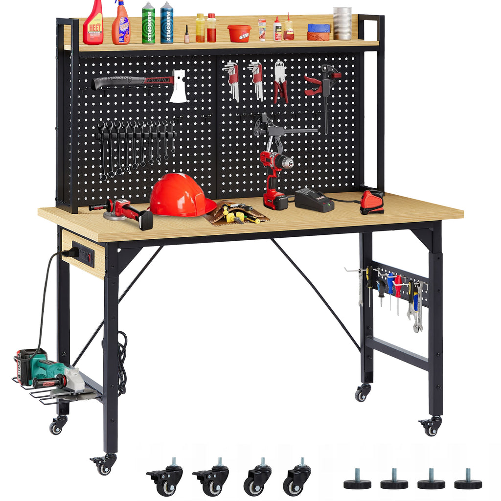 48  Adjustable Workbench With Pegboard, Heavy Duty Wooden Desktop Workbench With Wheels, 1600 Lb. Load Capacity, Rolling Workbench With AC USB Outlet, Hooks, Shelf