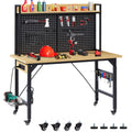 48  Adjustable Workbench With Pegboard, Heavy Duty Wooden Desktop Workbench With Wheels, 1600 Lb. Load Capacity, Rolling Workbench With AC USB Outlet, Hooks, Shelf