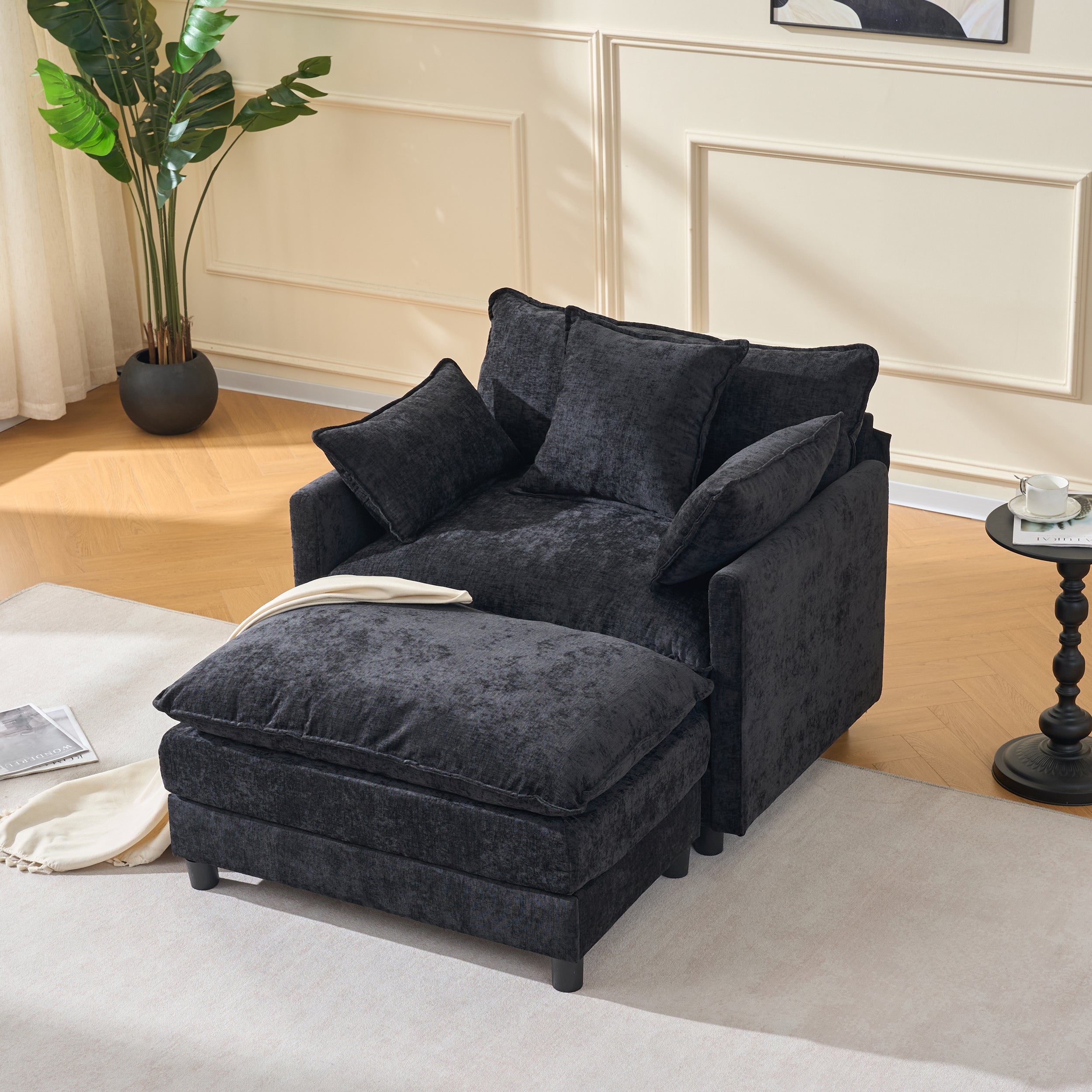 39.4  Modern Accent Chair With Ottoman, Living Room Club Chair Chenille Upholstered Armchair , Reading Chair For Bedroom, Black Chenille