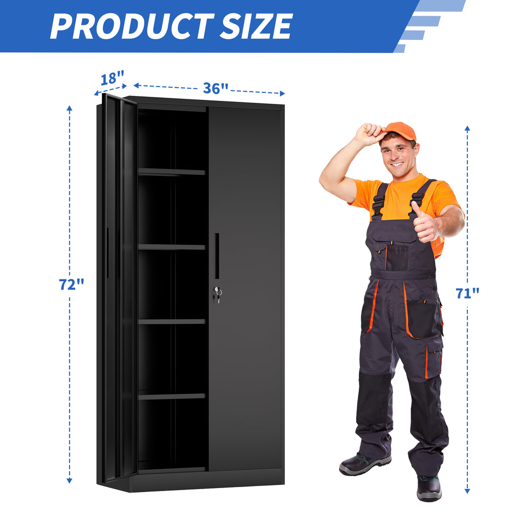 72H Metal Garage Storage Cabinet, Black Tool Steel Locking Cabinet With Doors And 4 Shelves, Tall Cabinets For Garage Storage Systems Lockable File Cabinet For Home Office, Classroom Pantry
