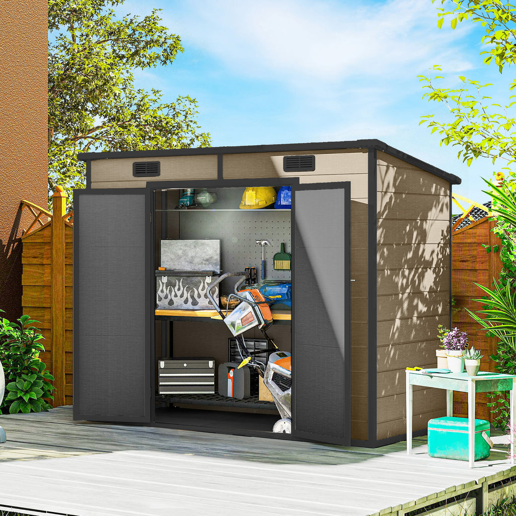 8' x 4' Plastic Outdoor Storage Shed with Floor, Window, Lockable Doors and Vents for Backyard Patio Lawn, Light Brown