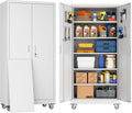 Garage Storage Cabinet With Wheels & Pegboard, Locking Metal Storage Cabinet With 2 Doors And 5 Adjustable Shelves For Garage Workshop Home, White, Assembly Required