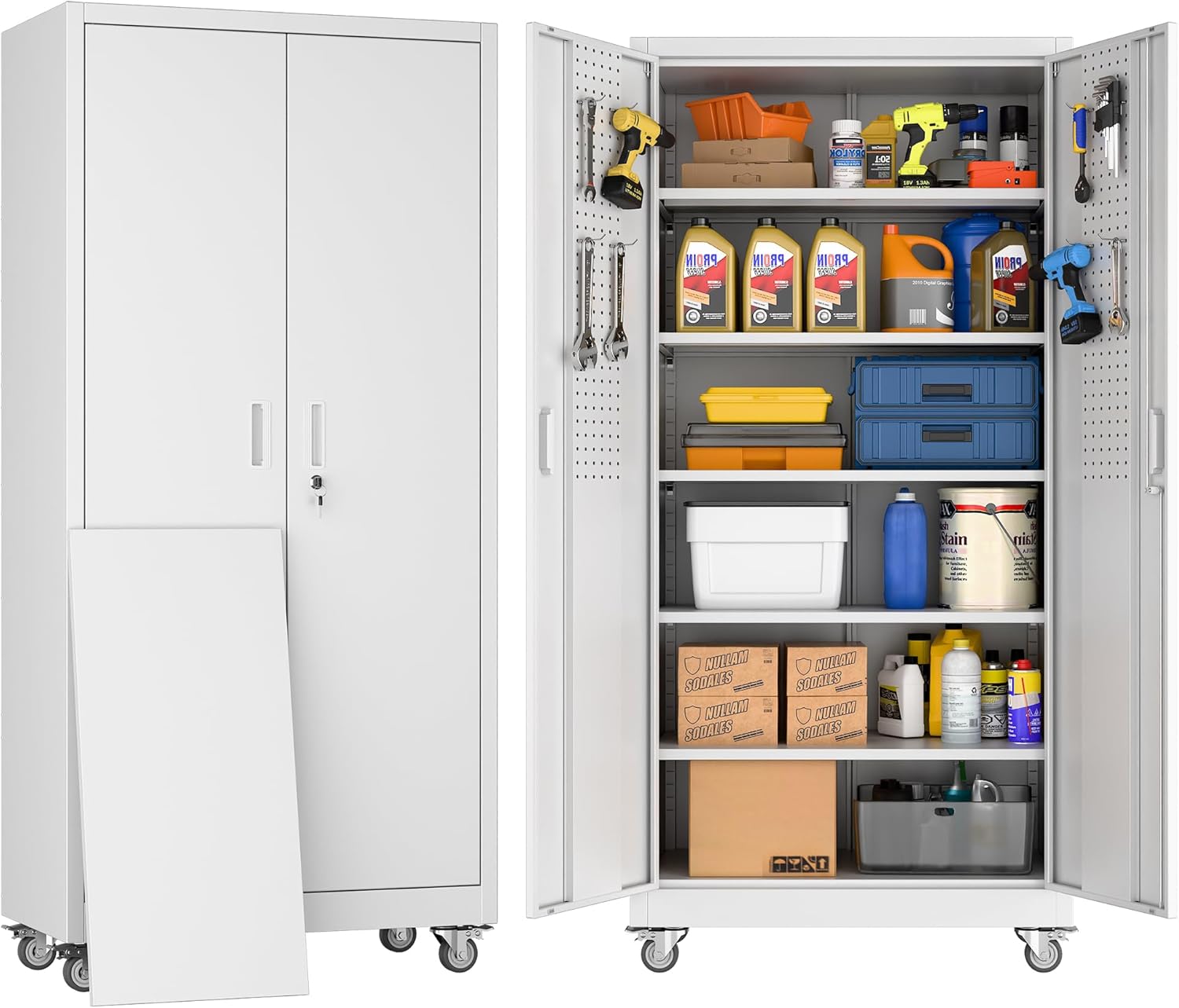 Garage Storage Cabinet With Wheels & Pegboard, Locking Metal Storage Cabinet With 2 Doors And 5 Adjustable Shelves For Garage Workshop Home, White, Assembly Required