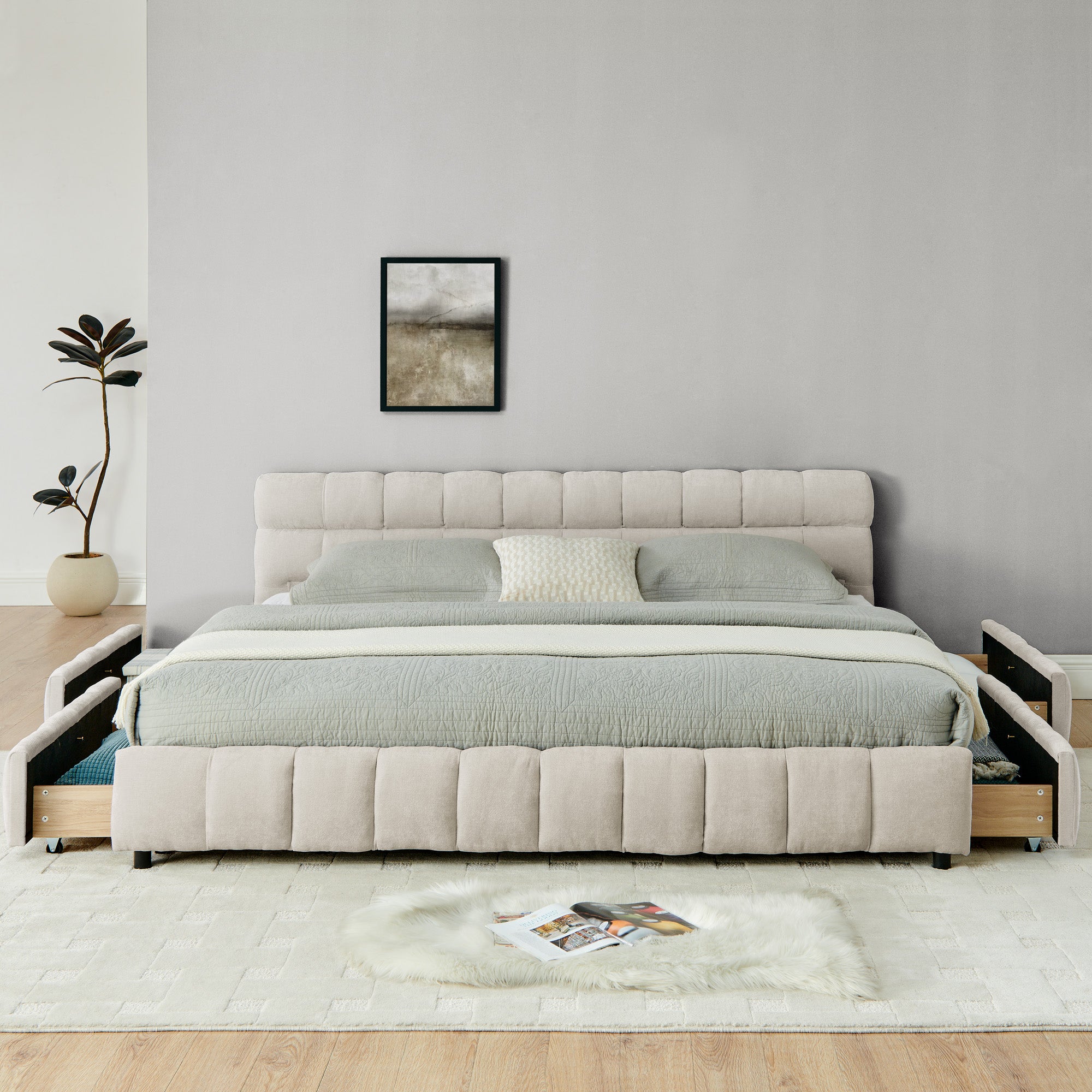 King Size Upholstered Bed ,comfortable Upholstered Bed Frame, Chenille Fabric, With Headboard And Solid Bed Frame. With Drawer For Storage.-Beige 88.5x85.5x31