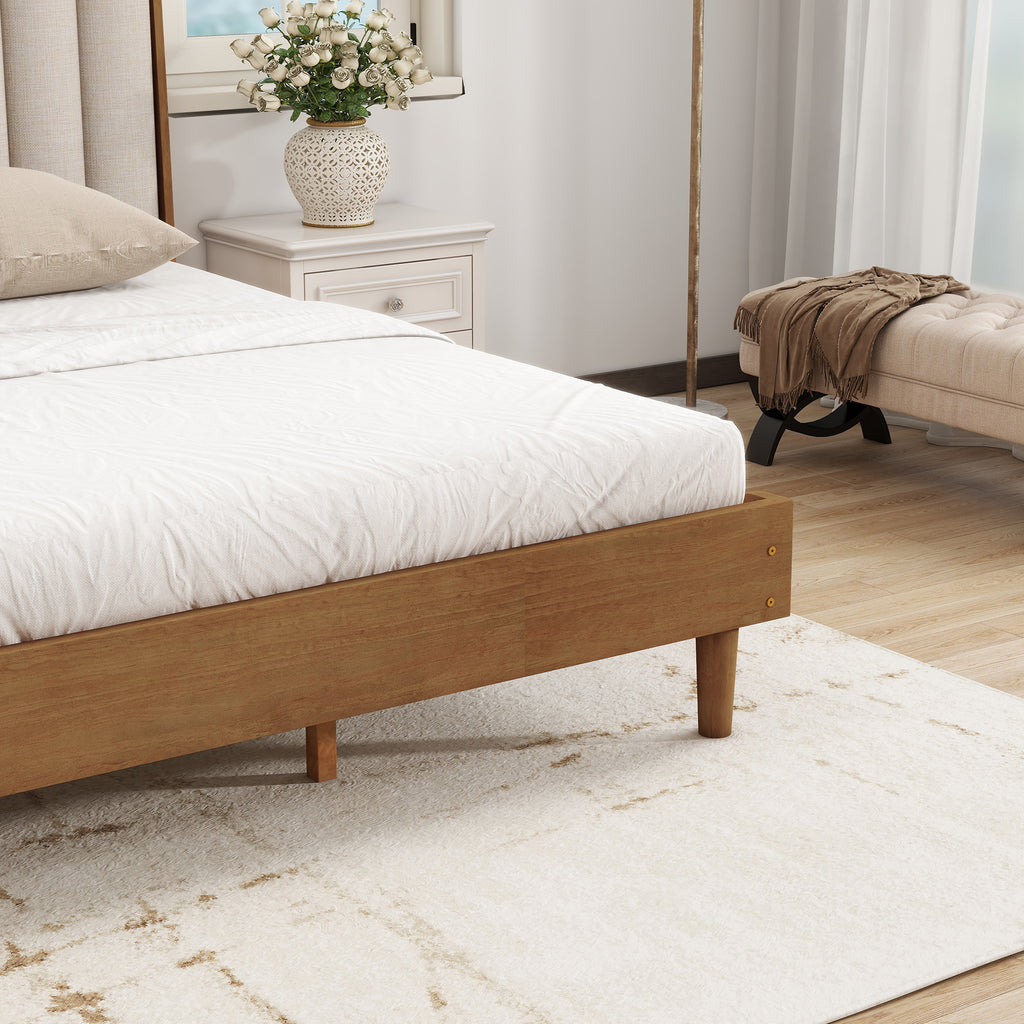 King Size Wood Bed With Piano Key Style Upholstered Headboard , Wood Bed With Strengthened Bed Frame ,Wheat