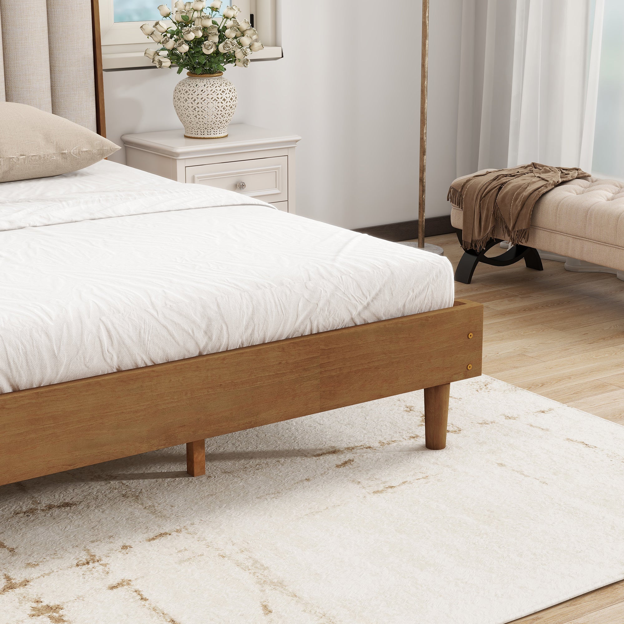 King Size Wood Bed With Piano Key Style Upholstered Headboard , Wood Bed With Strengthened Bed Frame ,Wheat