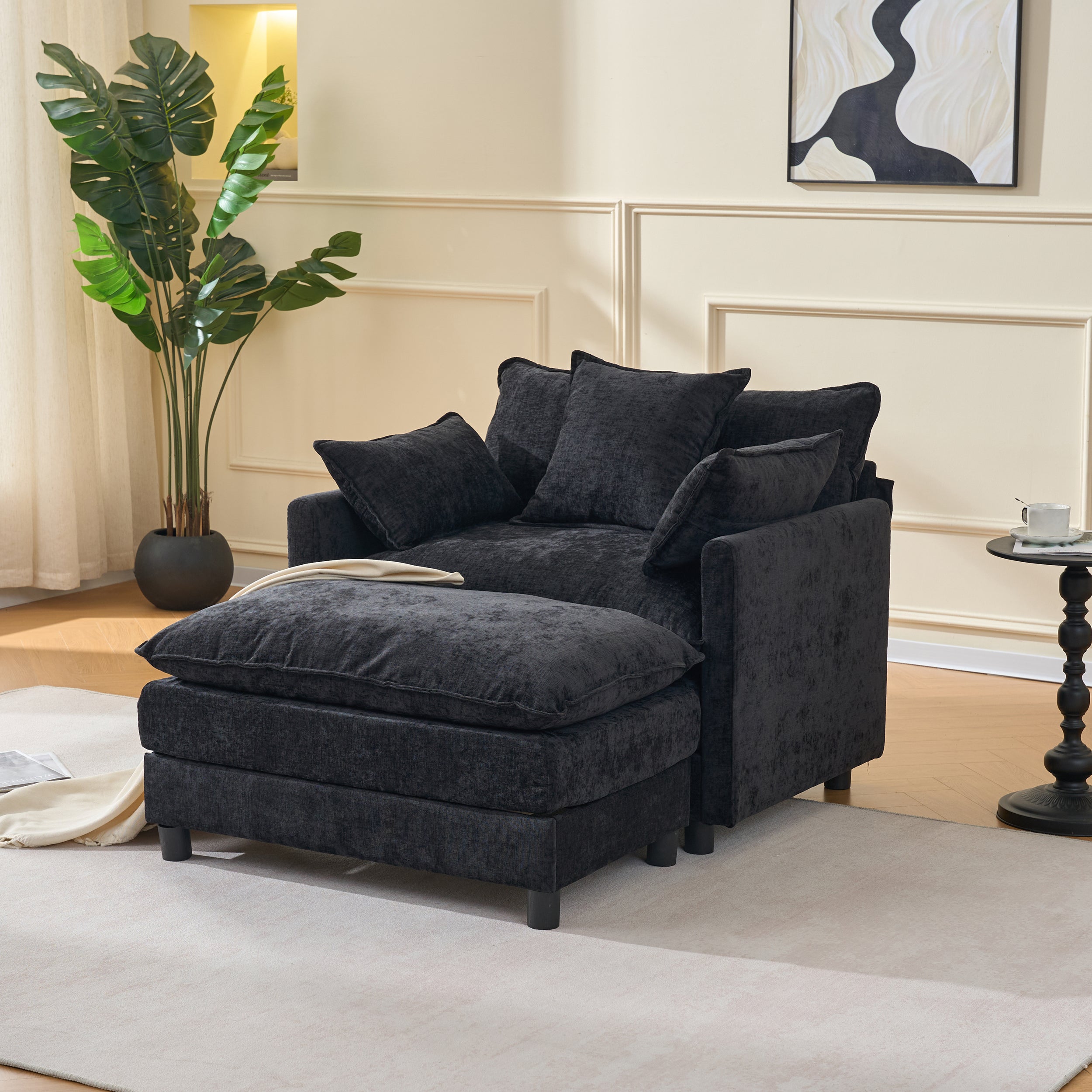 39.4  Modern Accent Chair With Ottoman, Living Room Club Chair Chenille Upholstered Armchair , Reading Chair For Bedroom, Black Chenille