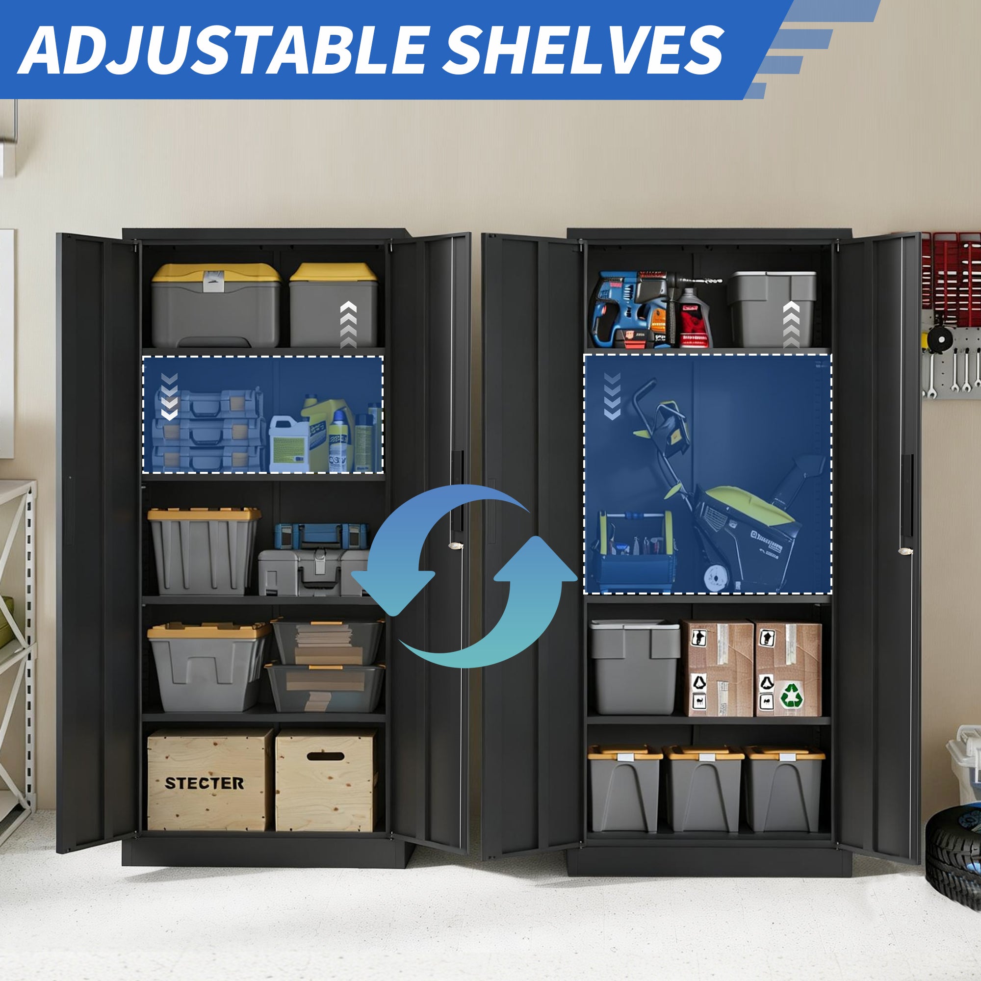72H Metal Garage Storage Cabinet, Black Tool Steel Locking Cabinet With Doors And 4 Shelves, Tall Cabinets For Garage Storage Systems Lockable File Cabinet For Home Office, Classroom Pantry